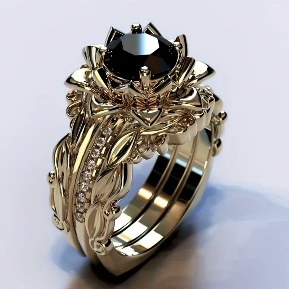 New Trendy Elegant Black Onyx Floral Engagement Gold Ring Set Vintage Inspired